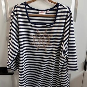 Quacker Factory Top Shirt Tunic 3X Nautical Navy White